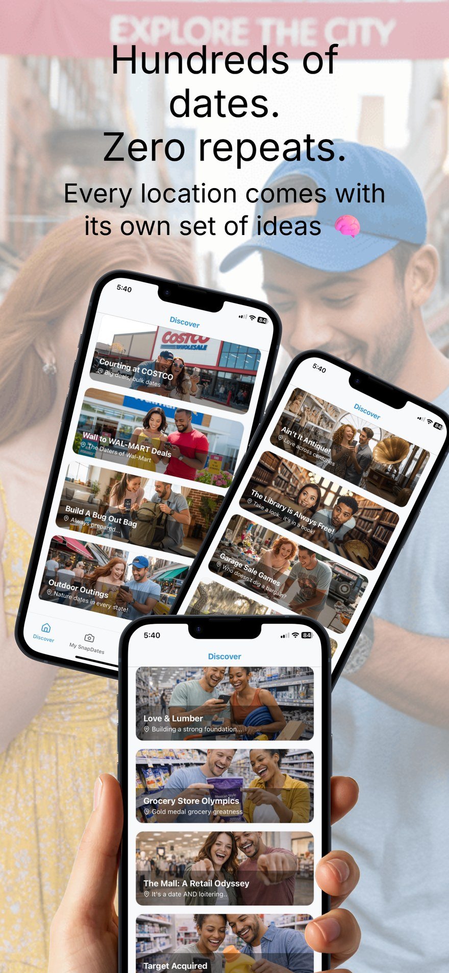 Multiple SnapDate location screens showing different themed dates
